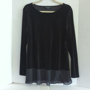 Ellen Tracy Black Velour Stretch Long Sleeve Top w Sheer Lower Edge Size L
